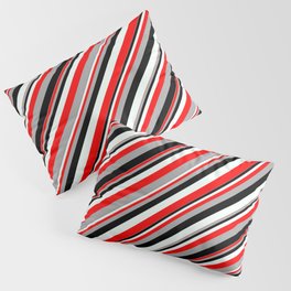 [ Thumbnail: Red, Dark Grey, Black, and Mint Cream Colored Lined Pattern Pillow Sham ]