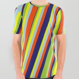 [ Thumbnail: Eye-catching Green, Yellow, Light Blue, Red & Midnight Blue Colored Lines/Stripes Pattern All Over Graphic Tee ]
