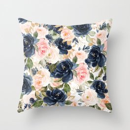 Navy Pink Watercolor Floral Pattern Nursery Flowers Throw Pillow
