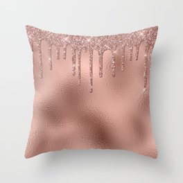 Rose Gold Glitter Drips Metallic Foil Throw Pillow