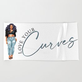 Love Your Curves Body Positivity Design - Curvy Girl Purple Hair Curved Text Beach Towel
