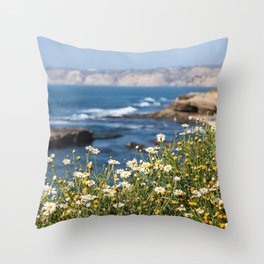 San Diego, Beach, Coastal Photography, La Jolla Coastline, Travel California, Spring Flowers Throw Pillow