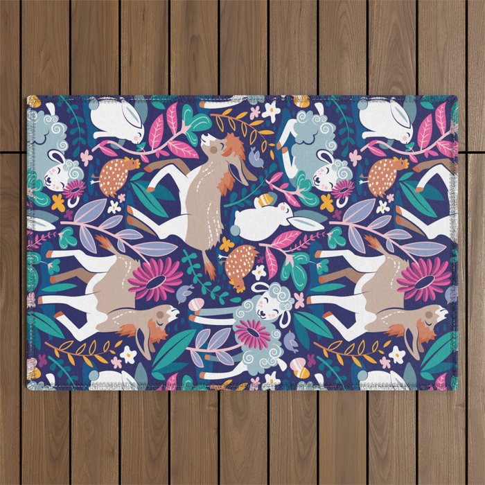 Spring Joy // navy blue background pale blue lambs and brown taupe donkeys blue mint and pink garden Outdoor Rug