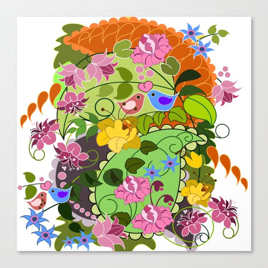 Retro Paisley shapes, damask flowers & Love birds Canvas Print