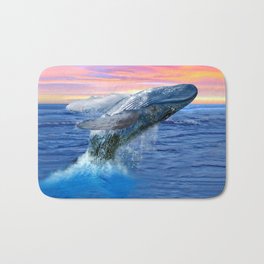 Breaching Humpback Whale at Sunset Bath Mat | Nautical, Painting, Ocean, Breaching, Humpbackwhale, Redsunset, Digitaloilpainting, Colorful, Splashing, Jumping 