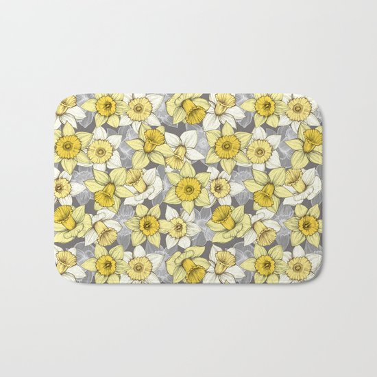 Daffodil Daze - yellow & grey daffodil illustration pattern Bath Mat