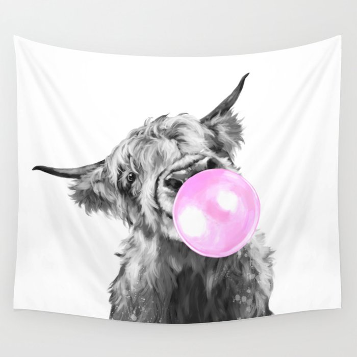 Bubble Gum Highland Cow Black and White Wall Tapestry