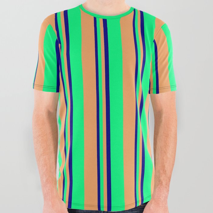 Blue, Green & Brown Colored Lines/Stripes Pattern All Over Graphic Tee