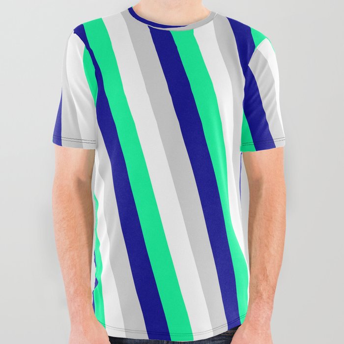 White, Green, Dark Blue & Light Grey Colored Lines Pattern All Over Graphic Tee
