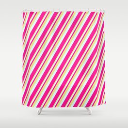 [ Thumbnail: Tan, Light Cyan & Deep Pink Colored Striped Pattern Shower Curtain ]