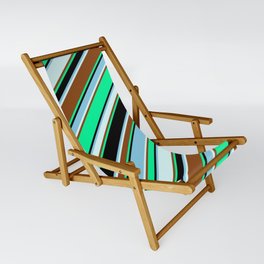 [ Thumbnail: Vibrant Green, Black, Sky Blue, Light Cyan & Brown Colored Lined/Striped Pattern Sling Chair ]