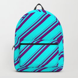 [ Thumbnail: Purple and Aqua Colored Lines Pattern Backpack ]