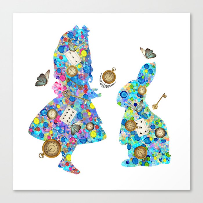 Colorful Watercolor Alice & The Rabbit - Wonderland Time Canvas Print
