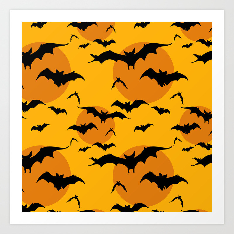 Abstract Orange Yellow Black Halloween Bats Animal Pattern Art