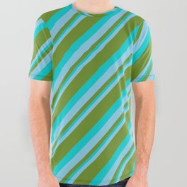 [ Thumbnail: Sky Blue, Green & Dark Turquoise Colored Striped Pattern All Over Graphic Tee ]
