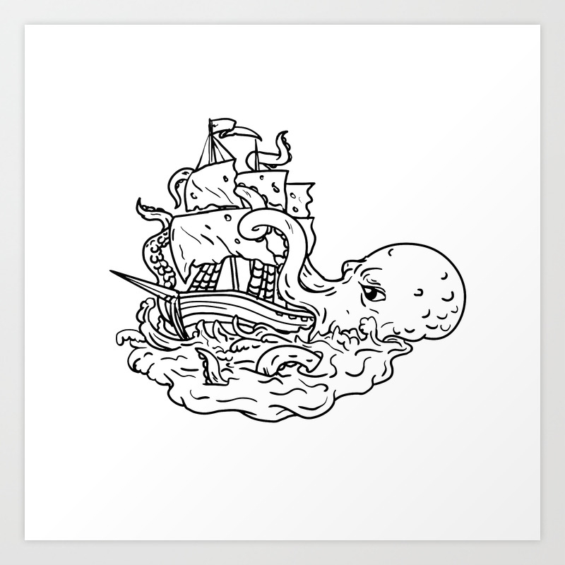 Kraken Attacking Sailing Ship Doodle Art Art Print By Patrimonio Society6,Short Drawing Reference