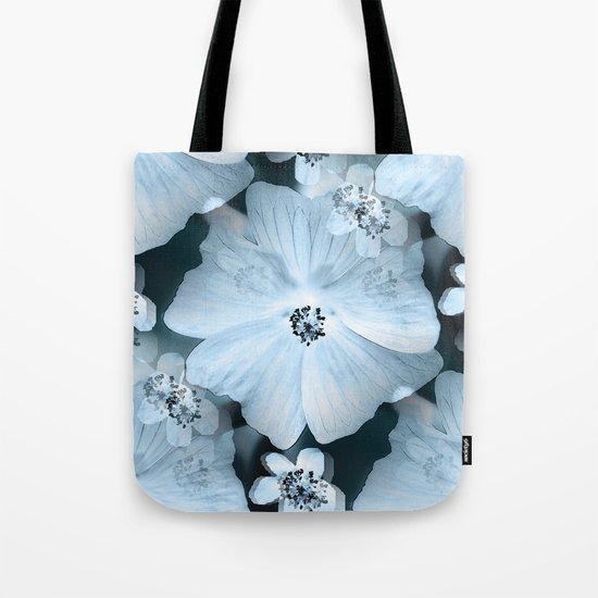 Flower-power - pastel blue flowers on a dark blue background Tote Bag