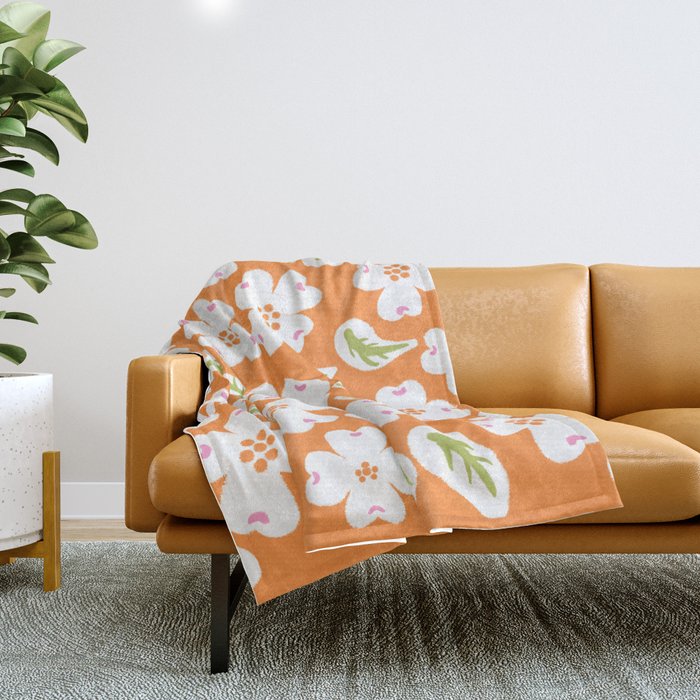 Mid-Century Modern Dogwood Flowers Orange Throw Blanket