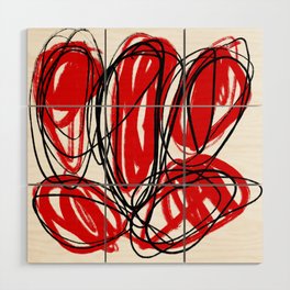 Red, Black, and White Minimalist Abstract Linear Painting Wood Wall Art
