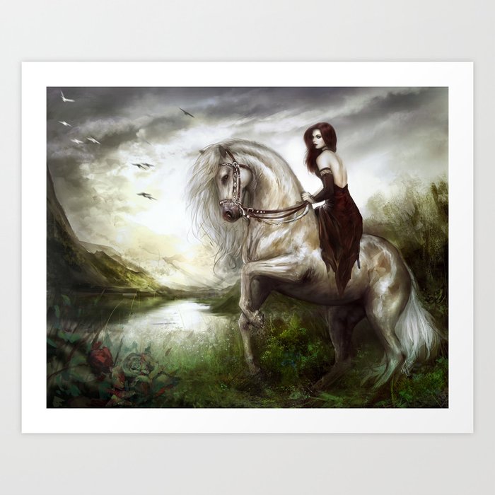 Royal Redhead Girl Riding A White Horse Art Print By Milyknight