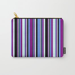 [ Thumbnail: Cornflower Blue, Purple, Light Cyan, and Black Colored Stripes Pattern Carry-All Pouch ]