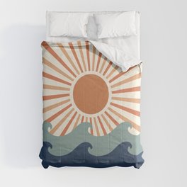 Retro, Sun and Wave Art, Blue and Orange Comforter