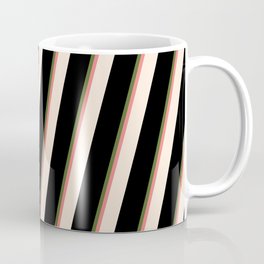 [ Thumbnail: Dark Olive Green, Light Coral, Beige, and Black Colored Striped/Lined Pattern Coffee Mug ]