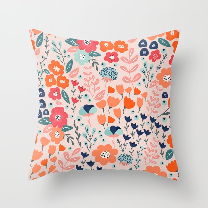 Ditsy Florals, Pink, Orange, Teal, Navy Throw Pillow