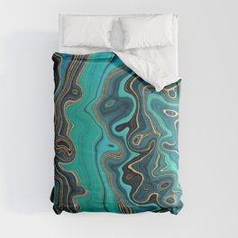 Peacock Teal + Hypnotic Gold Stylized Fluid Painting Comforter