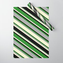 [ Thumbnail: Forest Green, Dark Grey, Light Yellow, and Black Colored Pattern of Stripes Wrapping Paper ]