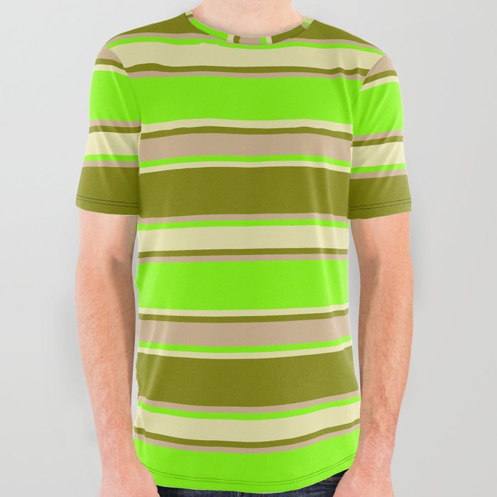 Chartreuse, Pale Goldenrod, Green & Tan Colored Pattern of Stripes All Over Graphic Tee
