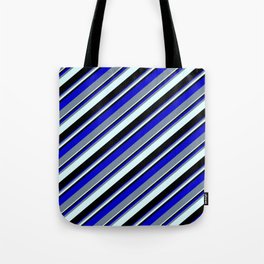 [ Thumbnail: Blue, Light Slate Gray, Light Cyan, and Black Colored Lined/Striped Pattern Tote Bag ]