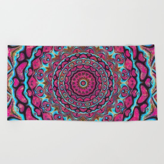 Pink and blue hearts mandala Beach Towel