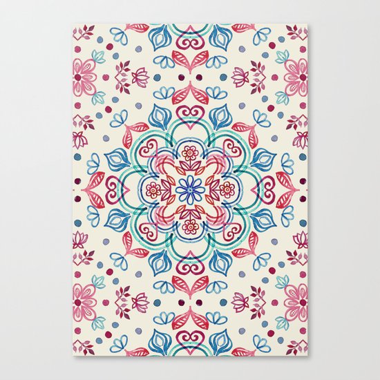 Pastel Blue, Pink & Red Watercolor Floral Pattern on Cream Canvas Print