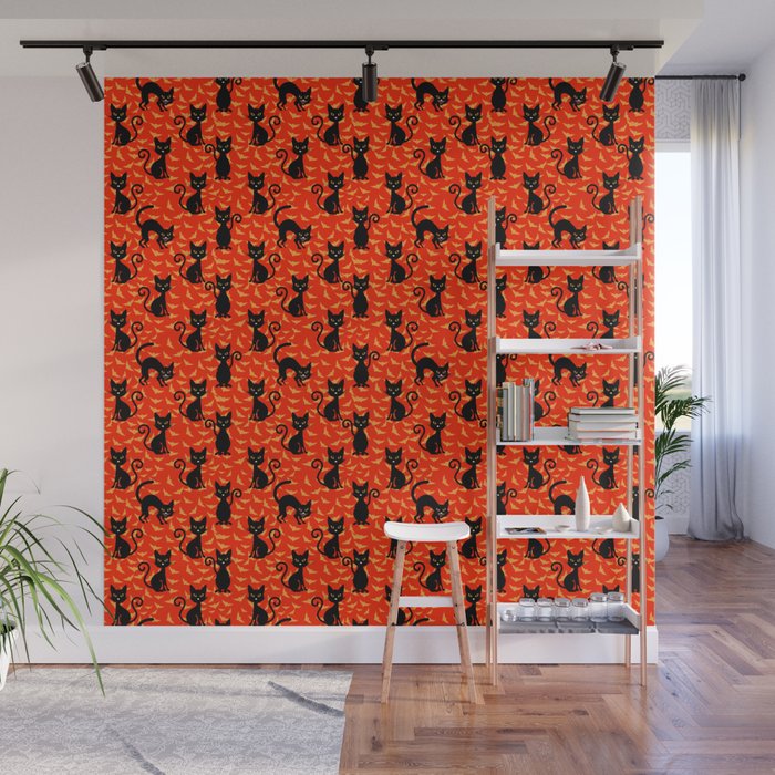 Spooky Black Cat Halloween Orange Bats Wall Mural