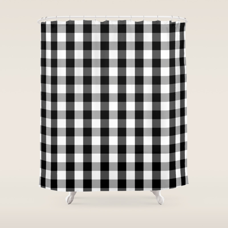Large Black White Gingham Checked Square Pattern Shower Curtain By