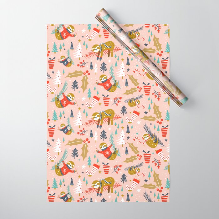 Slothy Holidays Christmas Pink Wrapping Paper