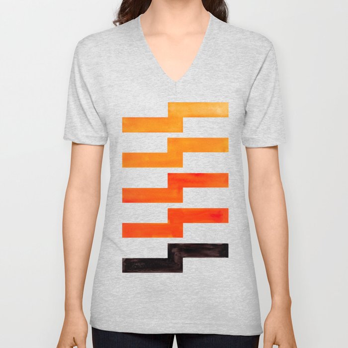 Orange & Black Geometric Minimal Mid Century Modern Lightning Bolt Pattern Watercolor Art V Neck T Shirt