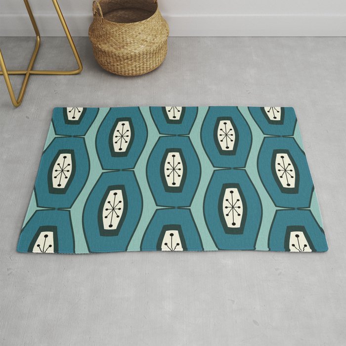 Midcentury Funky Chain Pattern Turquoise Teal Rug