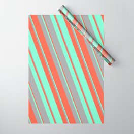 [ Thumbnail: Red, Aquamarine, and Dark Grey Colored Lined/Striped Pattern Wrapping Paper ]