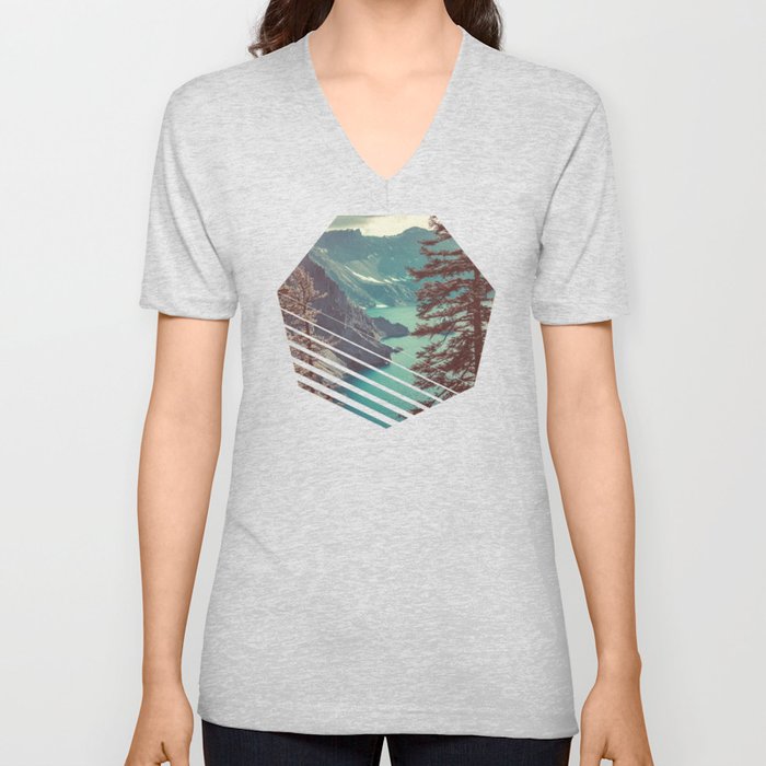 Vintage Blue Crater Lake and Trees - Nature Photography V Neck T Shirt