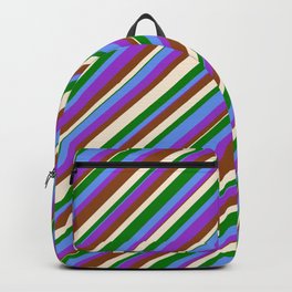[ Thumbnail: Colorful Cornflower Blue, Dark Orchid, Brown, Beige & Green Colored Lined/Striped Pattern Backpack ]