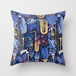 Music to my eyes // oxford navy blue background gold textured musical instruments blue indoor plants coral music notes Throw Pillow