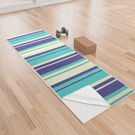 [ Thumbnail: Dark Slate Blue, Turquoise & Light Yellow Colored Striped/Lined Pattern Yoga Towel ]