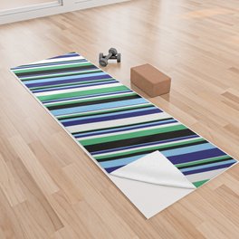 [ Thumbnail: Eyecatching White, Sea Green, Black, Light Sky Blue, and Midnight Blue Colored Stripes Pattern Yoga Towel ]