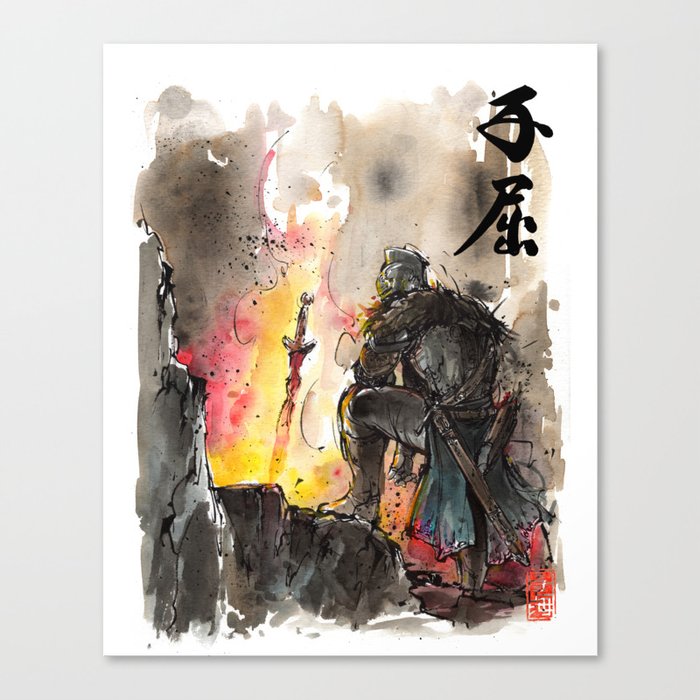 Dark Souls Bonfire with a Warrior Japanese calligraphy Canvas Print