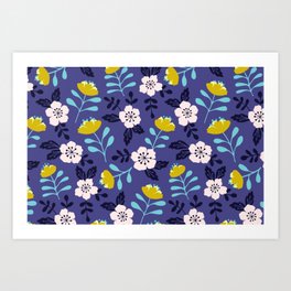 Bold sakura flowers in dreamy blue and yellow Art Print