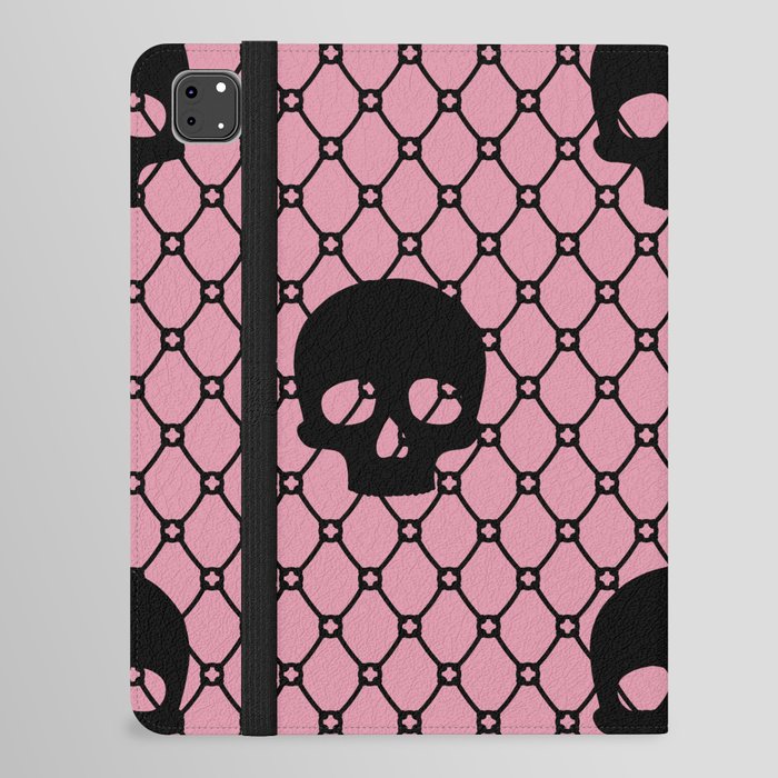 Black skulls Lace Gothic Pattern on Blush Pink iPad Folio Case
