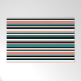 [ Thumbnail: Mint Cream, Salmon, Dark Cyan & Black Colored Lined/Striped Pattern Welcome Mat ]