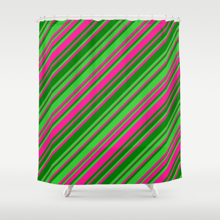 Deep Pink, Green & Lime Green Colored Lines Pattern Shower Curtain